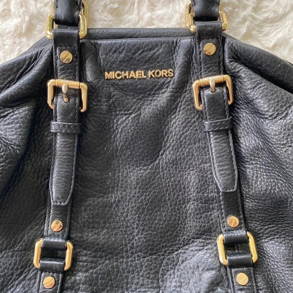 Michael Kors Satchel Handbag Black Pebbled Leather Gold Buckle Hardware Classic